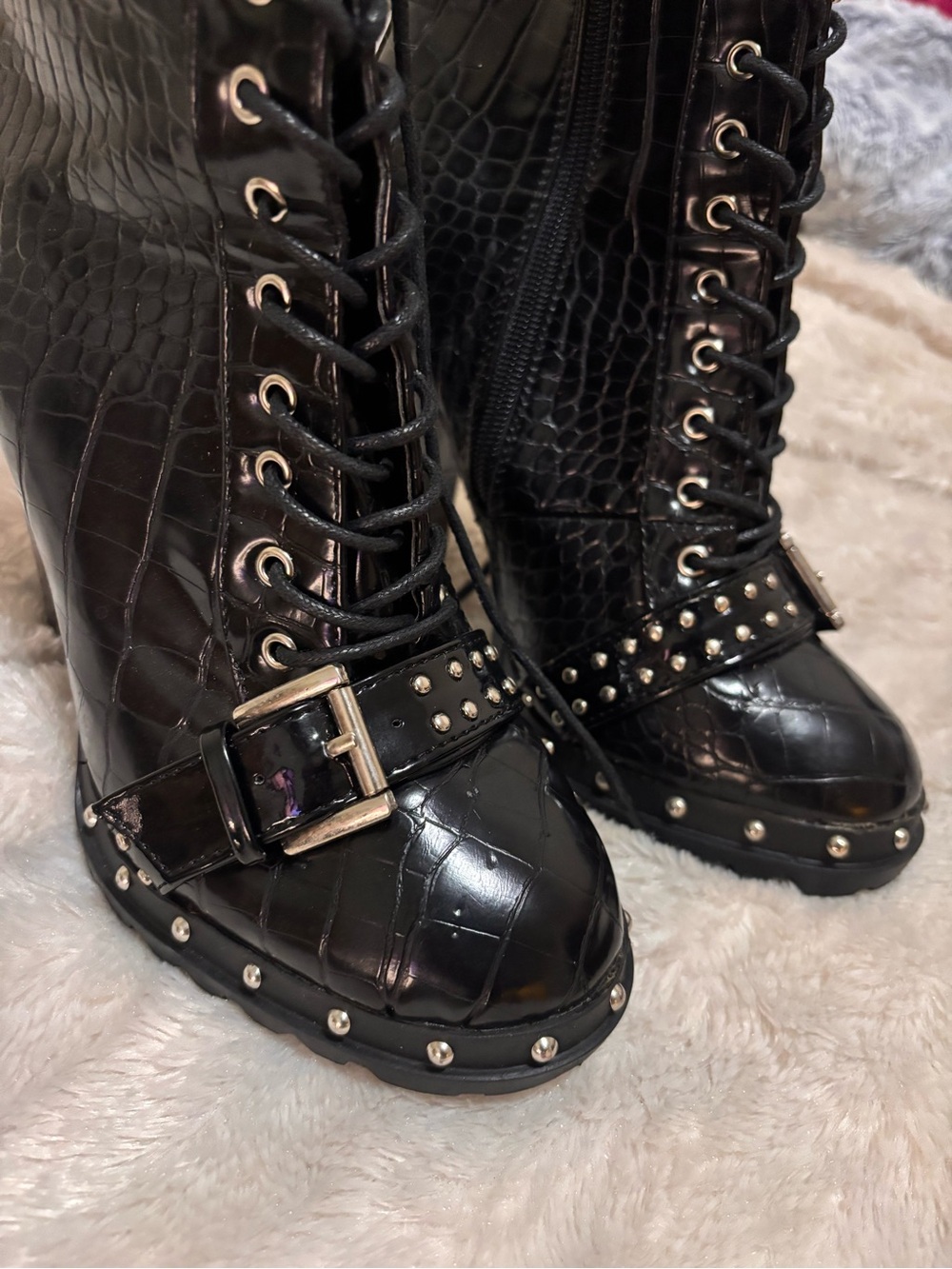 PrettyLittleThing Black Croc-Effect Lace-Up Studded Combat Boots